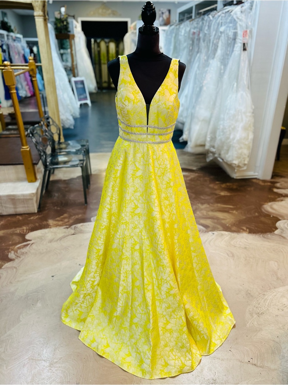 Cecilia Couture Sunlit Yellow Floral V-Neck Prom Gown with Sparkle Waist